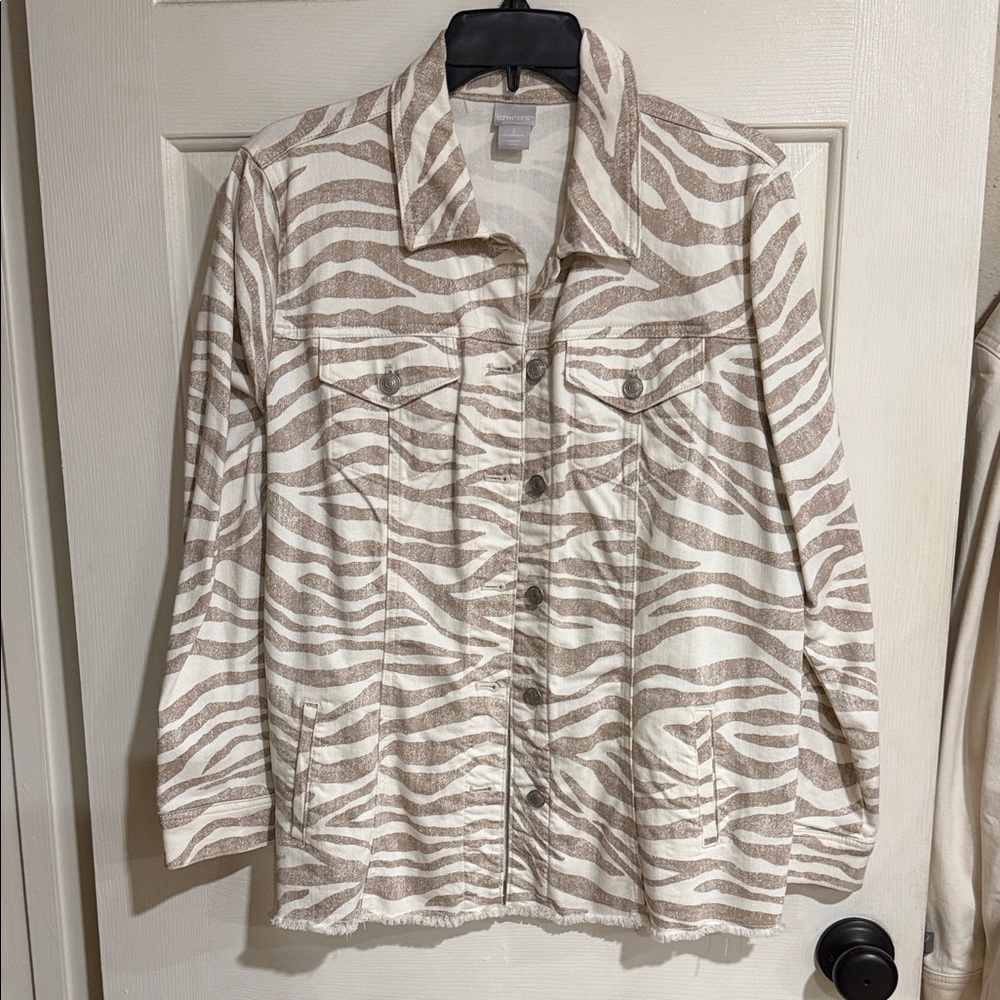 Chico's Tan and White Zebra Print Jean Jacket